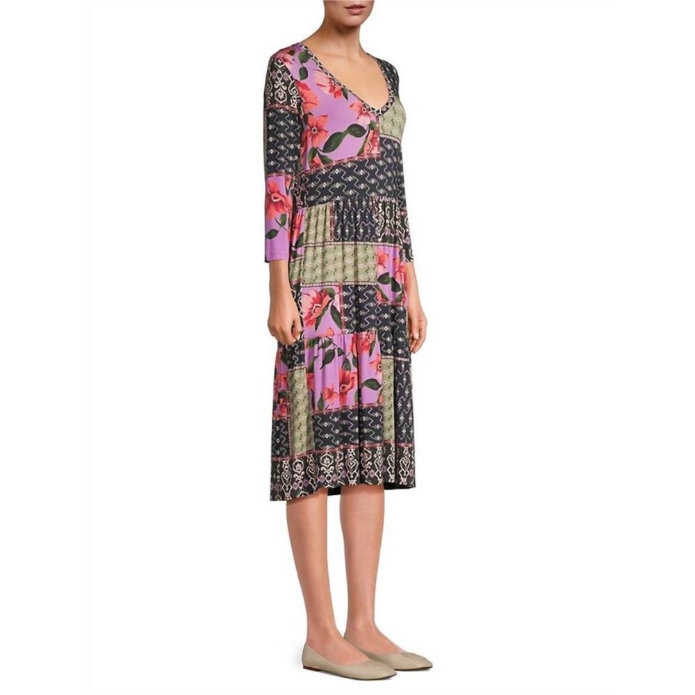 NWT JOHNNY WAS Zanda 3/4 Sleeve Tiered Tea Length Dress in Multi - Picture 2 of 7